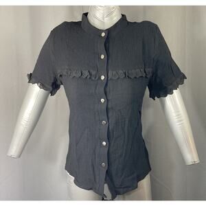 Gaovot Blouse Women's Small Black w/Lace Trim Short Sleeve Button Up